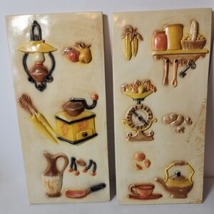 Vintage 70s 3D Kitchen Wall Art Plaques Pair Coffee Grinder Kettle Harvest Decor